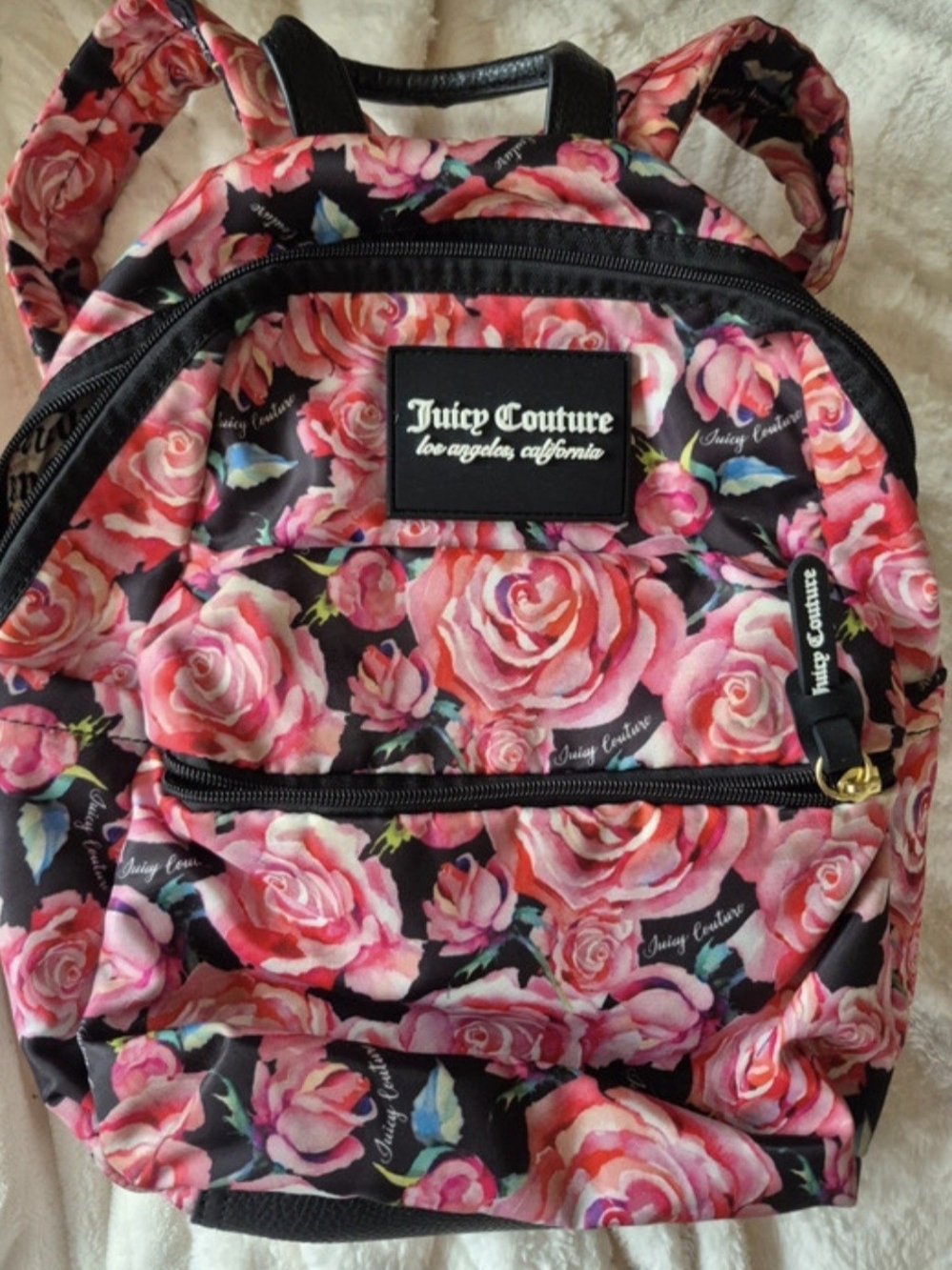 Juicy Couture Black Backpack with Pink Rose Print